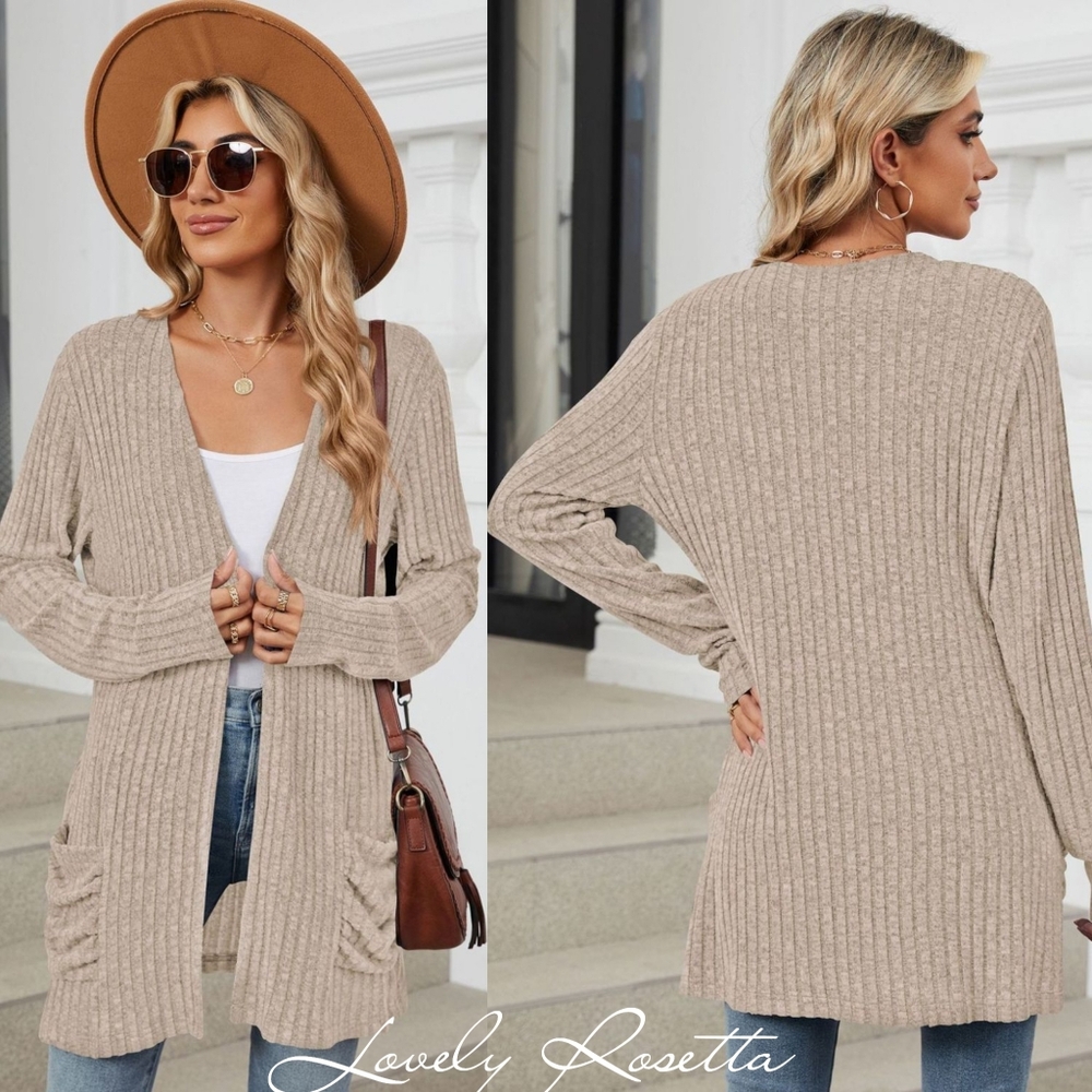 Gray Ribbed Open Front Cardigan - Picture 7 of 10